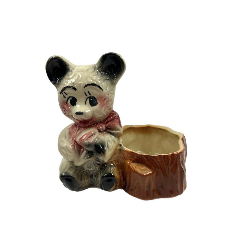 Glazed Hand Painted Planter Pot Succulent Flowers Panda Teddy Bear Pink Bow Tie